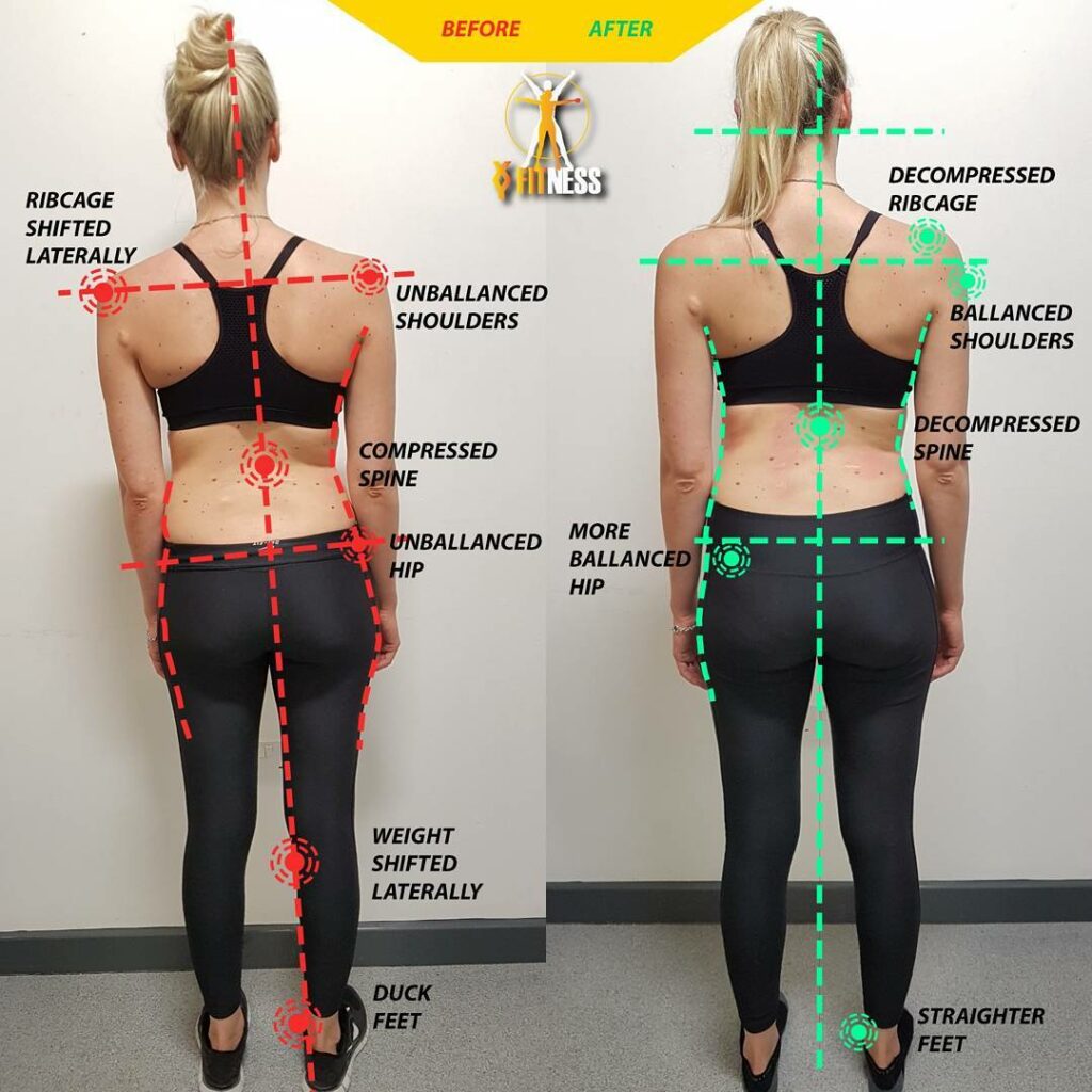 a woman standing in front of a wall showing before and after